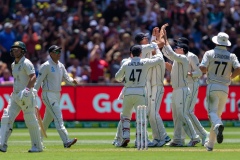 MELBOURNE, AUSTRALIA - DECEMBER 26: New Zealand celebrates getting David Warner out during day one of the Second Test match in the series between Australia and New Zealand at The Melbourne Cricket Ground on December 26, 2019 in Melbourne, Australia. (Photo by Speed Media/Icon Sportswire)