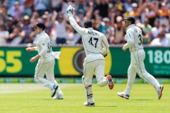 MELBOURNE, AUSTRALIA - DECEMBER 27: New Zealand team celebrates catching Steve Smith of Australia out during day two of the Second Test match in the series between Australia and New Zealand at The Melbourne Cricket Ground on December 27, 2019 in Melbourne, Australia. (Photo by Speed Media/Icon Sportswire)