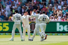 MELBOURNE, AUSTRALIA - DECEMBER 27: New Zealand team celebrates catching Steve Smith of Australia out during day two of the Second Test match in the series between Australia and New Zealand at The Melbourne Cricket Ground on December 27, 2019 in Melbourne, Australia. (Photo by Speed Media/Icon Sportswire)