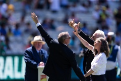 MELBOURNE, AUSTRALIA - DECEMBER 26: Dean Jones's family and Friends wave to the crowd during his tribute during day one of the Second Vodafone Test cricket match between Australia and India at the Melbourne Cricket Ground on December 26, 2020 in Melbourne, Australia. (Photo by Dave Hewison/Speed Media/Icon Sportswire)