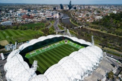 An aerial view of the Melbourne Rectangular Stadium (AAMI Park) looking South East along the Yarra River in Melbourne, Australia. An aerial view of the Melbourne Rectangular Stadium (AAMI Park) looking South East along the Yarra River in Melbourne, Australia.