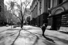 A view of Swanston Street looking north as life drains from the CBD during COVID-19 in Melbourne, Australia. Stage 4 restrictions continue in Melbourne as work permits come into effect at midnight today. This comes as a further 471 new COVID-19 cases were uncovered overnight.