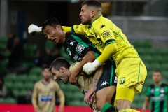 MELBOURNE, AUSTRALIA - APRIL 26: Ryan Scott of Western United blocks the ball ahead of Tomoki Imai of Western United and Jason Hoffman of Newcastle Jets during the Hyundai A-League soccer match between Western United FC and Newcastle Jets on April, 26, 2021 at AAMI Park in Melbourne, Australia. (Photo by Speed Media/Icon Sportswire)